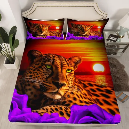 Vista 37 de Erosebridal Juego de sábanas bajeras de rosas rojas y leopardo, tamaño individual, diseño de animales africanos salvajes, diseño de plantas
