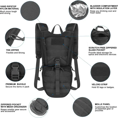 Vista 2 de Unigear Mochilas Tácticas de Hidratación 1050D con Vejiga de Agua de 3L, Paquete de Aislamiento Térmico Mantiene el Líquido Fresco hasta por 4 Horas