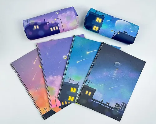 Vista 4 de Cuadernos coreanos de paisajes estéticos con etiqueta adhesiva, paquete de 4, bonito juego de cuadernos en espiral, diseños Kawaii para diario