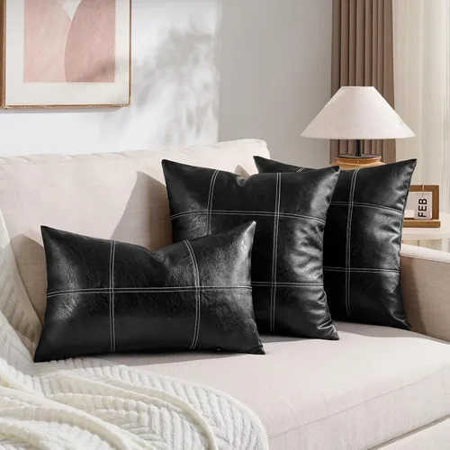 Vista 6 de Fancy Homi Paquete de 2 fundas de almohada decorativas de piel sintética a cuadros negros de 16 x 16 pulgadas para sofá cama sofá, estilo rústico