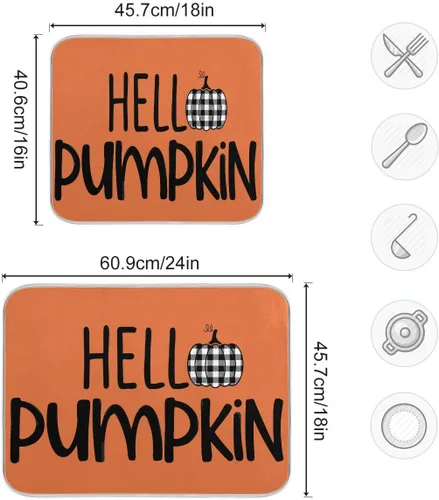 Vista 3 de Tapete de secado de platos naranja Hello Pumpkin para cocina, otoño, cosecha, tapete de secado de microfibra, absorbente y reversible, tapete grande