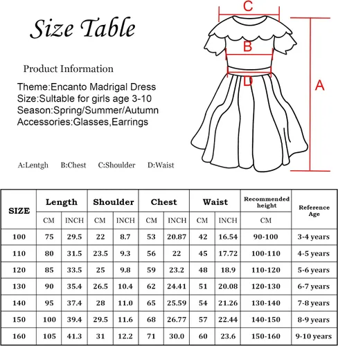Vista 7 de Mirabel - Vestido de disfraz para niñas disfraz mágico de Halloween disfraz de cosplay para niñas vestido de fiesta con monedero lentes y aretes