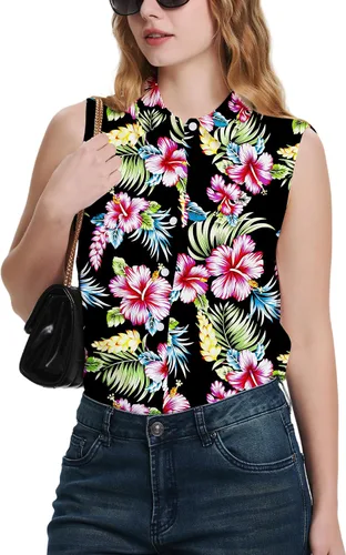 Vista 8 de YAMANMAN Camisas sin mangas con botones para mujer, blusa clásica con cuello en V
