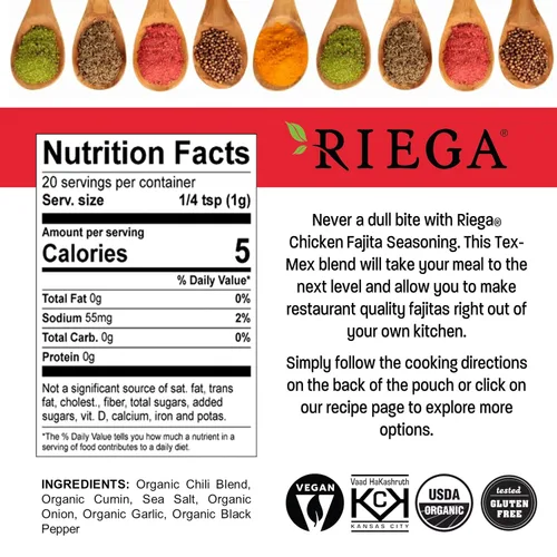 Vista 2 de Riega Mezcla orgánica de condimentos para fajita, hace el adobo Tex-Mex perfecto para carne y verduras (Fajita de pollo, 0.71 onzas (paquete de 8))