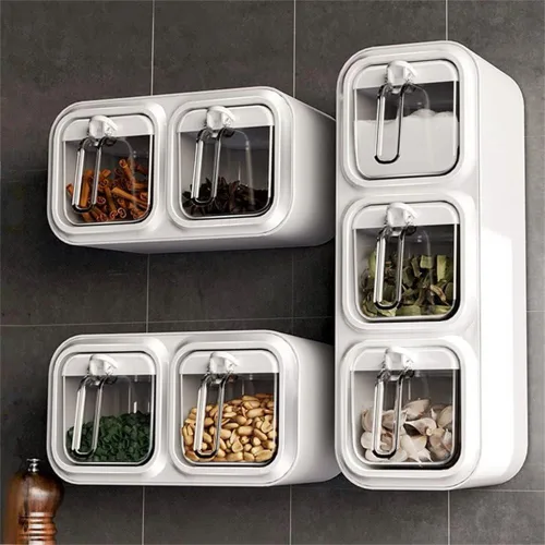 Vista 2 de chislim Tarros de especias montados en la pared, caja de condimentos autoadhesiva con cuchara, botella dispensadora de condimentos múltiples