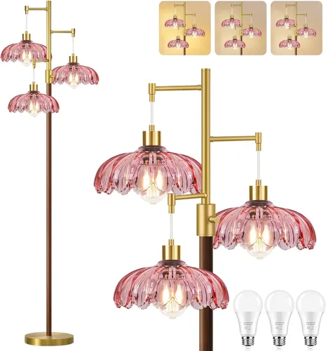Vista 15 de ZECOXOL Lámparas de pie doradas para sala de estar dormitorio - Lámpara de pie de vidrio de 3 luces con tres bombillas LED, lámpara de pie alta