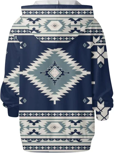 Vista 5 de Oggfader Sudadera con capucha azteca occidental para mujer, estilo étnico, diseño geométrico, casual, con cordón, manga larga