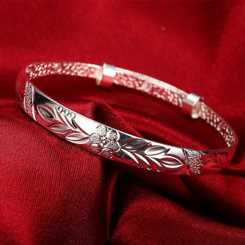 Vista 5 de Yuren Pulsera de plata de ley 925 tallada con flor de fu, 0.62 oz, peso 2.6 in, para regalo de boda