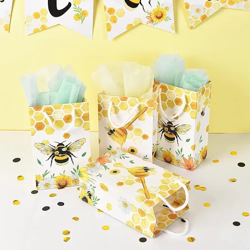 Vista 4 de WERNNSAI Paquete de 16 bolsas de regalo de abejas, suministros de fiesta de abejas, bolsas de recuerdo para niños y niñas, decoraciones