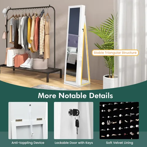 Vista 3 de LOKO Gabinete de joyería con cerradura, organizador de maquillaje de gran capacidad con espejo de cuerpo entero, espejo de maquillaje integrado, 5