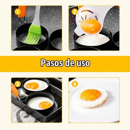 Vista 5 de Anillos de huevo de acero inoxidable para freír, anillos redondos para cocinar, moldeadores de panqueques con mango de silicona naranja, moldes A-2