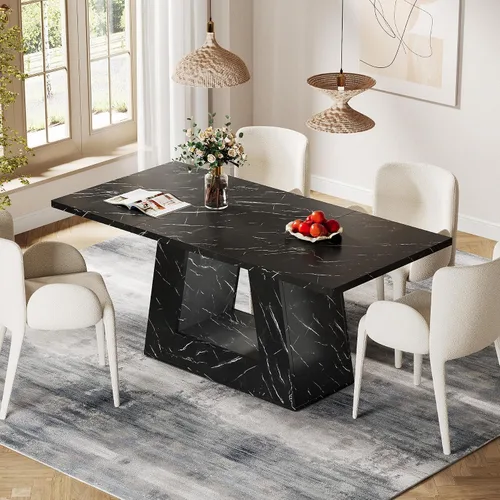 Vista 8 de Mesa de comedor Tribesigns para 4 a 6 personas, mesa rectangular de 63" para comedor, mesa moderna de madera con falso mármol para cenas con base