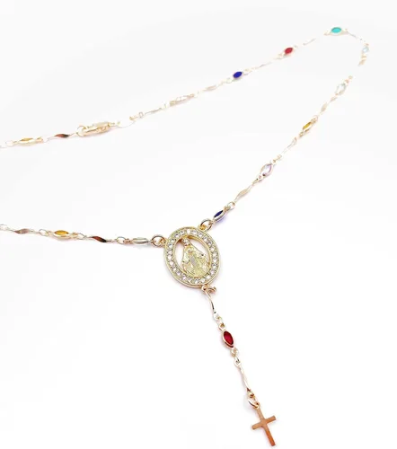 Vista 2 de Rosario Lariat Y Collar Delicado Cruz Colorida Cadena De Cristal