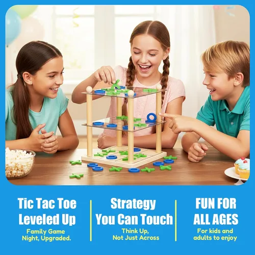 Vista 3 de Juego de mesa de madera 3D Ultimate Tic Tac Toe - Juego de estrategia XO clásico para niños y adultos, divertidos juegos de mesa familiares