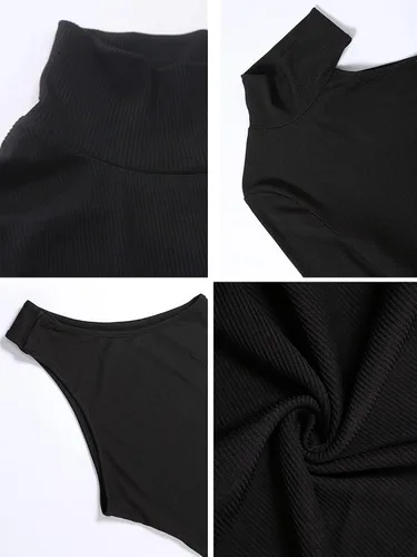 Vista 6 de Hilinker Body de un hombro para mujer, manga larga, cuello alto, punto acanalado