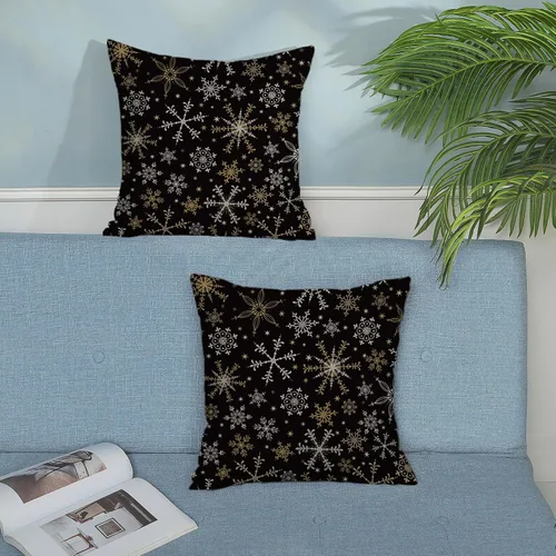 Vista 3 de Fundas de almohada de Navidad de 18x18 Juego de 2 Cojines dorados de copo de nieve de invierno Fundas de almohada negras Cojines decorativos de Copo