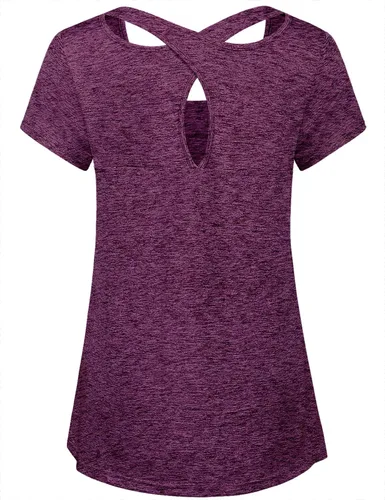 Vista 2 de Kimmery - Blusa de yoga para mujer, manga corta, cuello redondo, espalda cruzada