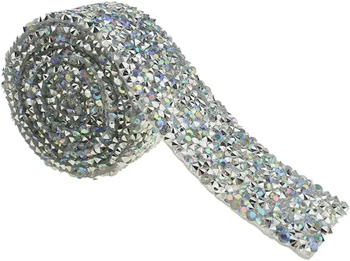 Vista 14 de Hahiyo Cinta de diamantes de imitación de cristal, pegamento térmico, reutilizable, elástico, rollo de malla brillante, 1 yarda, palo de planchar