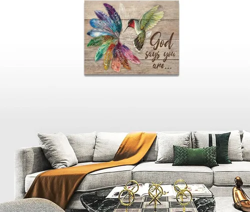 Vista 4 de Arte de pared de colibrí cristiano con texto en inglés "God says you ers", impresiones en lienzo, pintura rústica de pájaros de campo, obras de arte