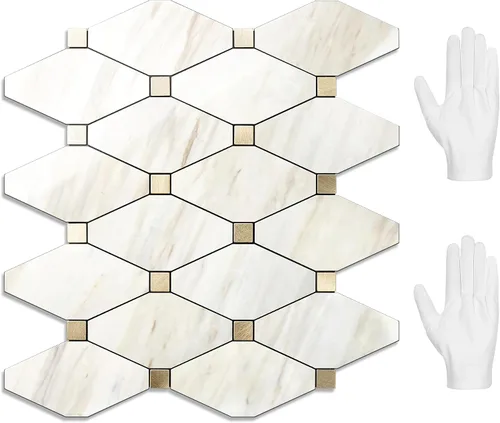 Vista 19 de STICKGOO 1 hoja de salpicaduras de pared para despegar y pegar, adhesivos de azulejos compuestos de aluminio Calacatta, salpicaduras autoadhesivas