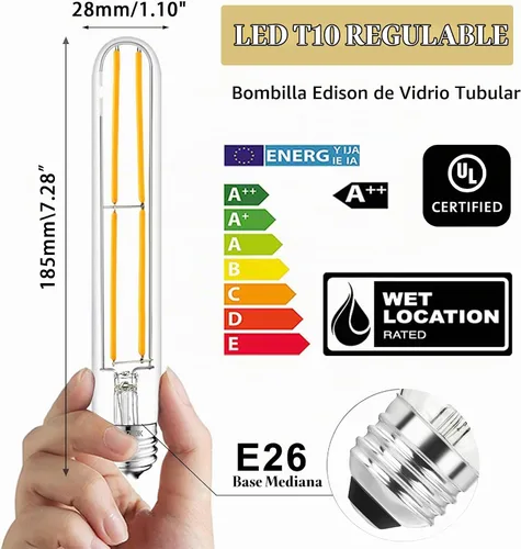 Vista 2 de Bombilla LED E26 de 7.3 pulgadas, 6 W, regulable, bombillas Edison blancas suaves de 2700 K, 800 lm, igual a 80 W, tubular T10 T9, bombilla larga