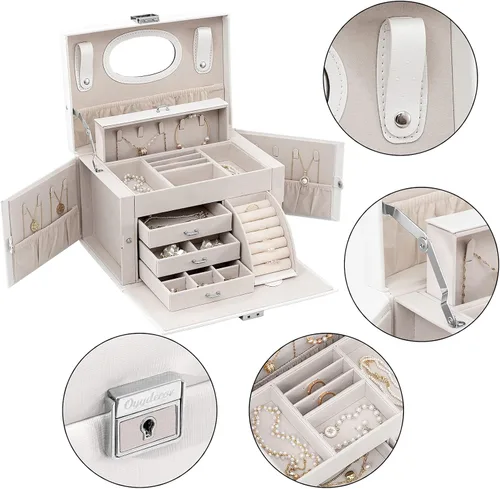 Vista 5 de Oyydecor Joyero organizador para mujeres y niñas piel sintética para personas mayores caja de almacenamiento de joyas con cerradura organizador