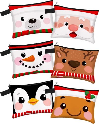Vista 9 de Zonon Juego de 6 bolsas de maquillaje de lona de Navidad, pequeñas bolsas de cosméticos con cremallera portátil, bonita bolsa de estilo cuadros
