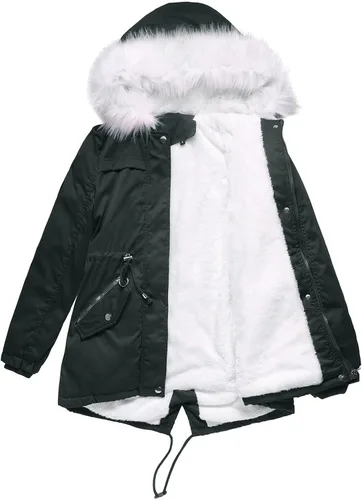 Vista 4 de Abrigos de invierno con capucha de longitud media para mujer, color sólido, cálido, abrigo de forro polar, abrigo acolchado de algodón con cuello