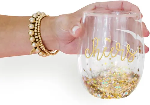 Vista 2 de Mary Square Cheers Gold Foil Confetti - Vaso de vino acrílico sin tallo, 14 onzas