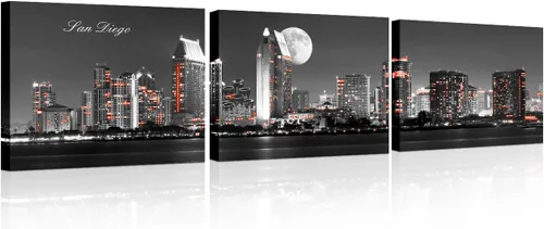 Vista 63 de 3 paneles de Atlanta Skyline vista de la ciudad en blanco y negro, imágenes panorámicas de edificio de ciudad, decoración de pared para sala