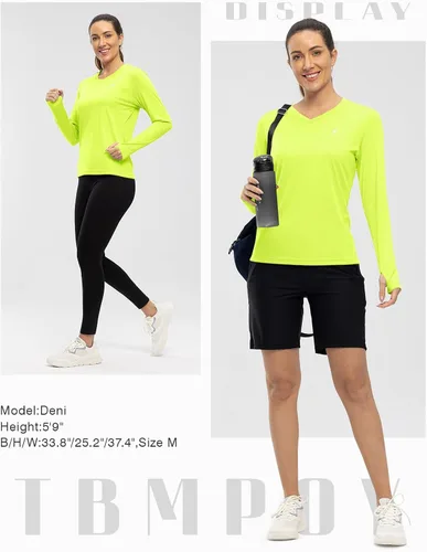 Vista 7 de TBMPOY Camisas de protección solar UPF 50+ para mujer, cuello en V, manga larga, ligeras, para senderismo, entrenamiento, con agujero para el pulgar