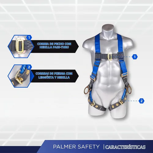 Vista 2 de Palmer Safety Arnés de cuerpo completo de ajuste de 5 puntos, anillo 3D, patas con ojales e indicadores de caída