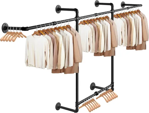 Vista 8 de Livabber Perchero Industrial de Tubería para Ropa, Perchero de Hierro Resistente Desmontable Montado en Pared, Barra de Ropa Rústica que Ahorra