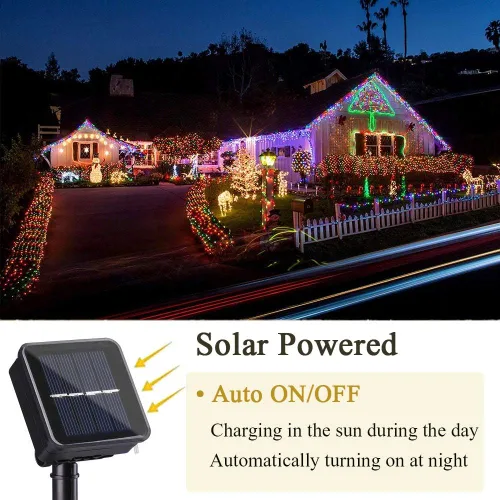 Vista 3 de iShabao Luces de Navidad multicolor para exteriores, 2 paquetes de 150 luces LED solares de Navidad de 49 pies, 8 modos de luces impermeables