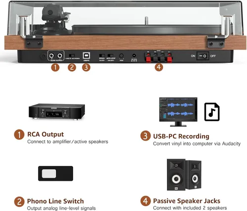 Vista 10 de Tocadiscos con altavoces de 40 W y entrada de salida Bluetooth para discos de vinilo, reproductor de discos de vinilo con preamplificador integrado