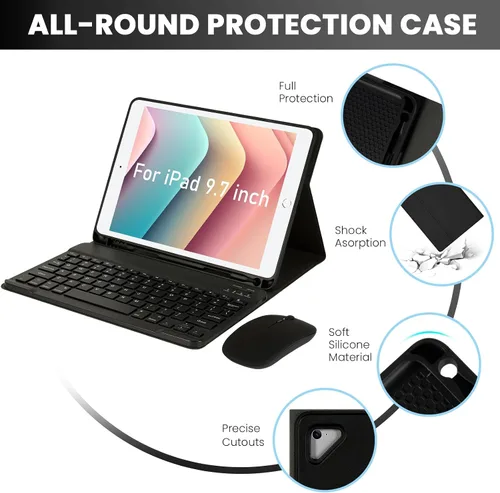 Vista 3 de SOPPY Funda con teclado Bluetooth con mouse para iPad de 6ª/5ª generación, iPad Pro de 9.7 pulgadas, Air 1/2, teclado inalámbrico desmontable