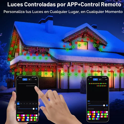 Vista 2 de Luces de Navidad inteligentes de copo de nieve, 156 luces LED de 12 gotas de 3.5 m, enchufe, control remoto por aplicación con 16 millones