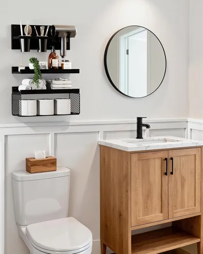 Vista 2 de Puricon Estantes flotantes de baño con soporte para secador de pelo, juego de organizadores de madera rústica de 3 niveles montados en la pared