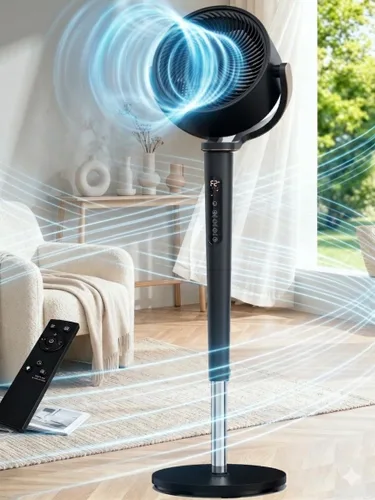 Vista 8 de Uthfy Ventilador oscilante para dormitorio, oscilación omnidireccional de 120°+120°, altura ajustable de 38-46 pulgadas, motor de CC de 120 pies
