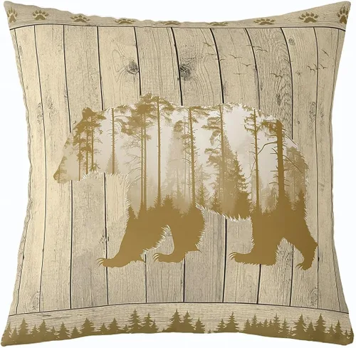 Vista 26 de Cartoon Bear Pillow Cover Cute Wild Animal Paw Print Cushion Cover for Kids Boys Girls Teens Jungle Pine Trees Silhouette Cabin Pillow Case for