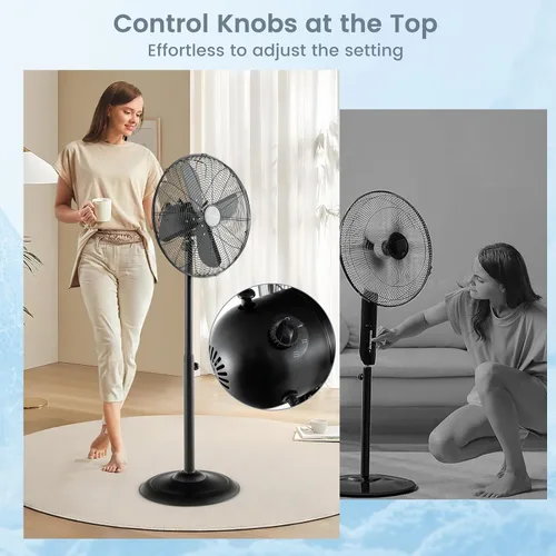 Vista 7 de COSTWAY Ventilador de pedestal de metal, ventilador silencioso de pie oscilante de 75° de alta velocidad de 16 pulgadas con altura ajustable, 3 Negro