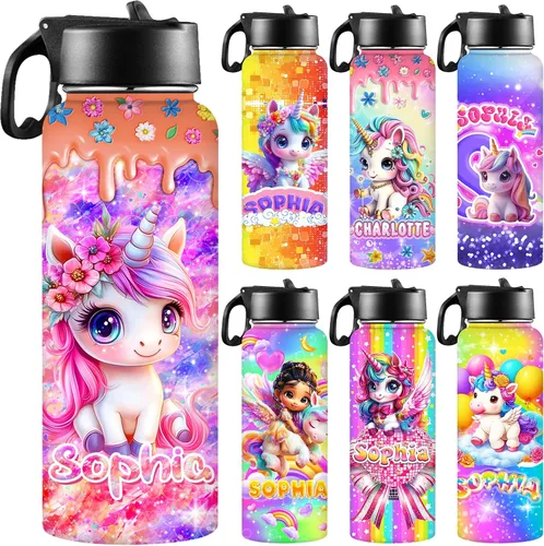 Vista 30 de Botellas de agua personalizadas para niñas, de acero inoxidable con aislamiento de doble pared con pajita, botella de agua de color degradado