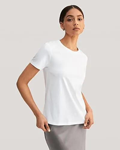 Vista 6 de LilySilk Camiseta básica de mezcla de algodón de seda para mujer, manga corta, cuello redondo, suave, simple, para verano