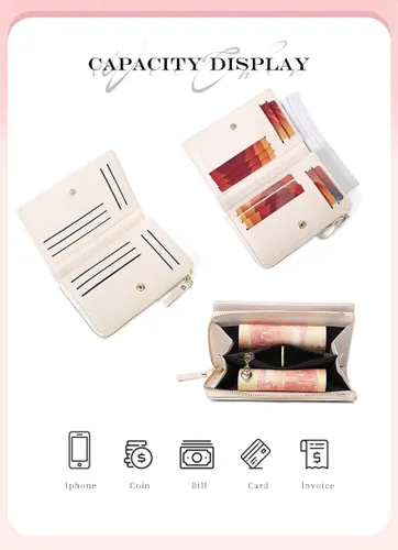 Vista 5 de JIUFENG Cartera con cremallera para mujer, con bloqueo RFID, multiusos, para monederos, tarjetero, monederos cortos Beige