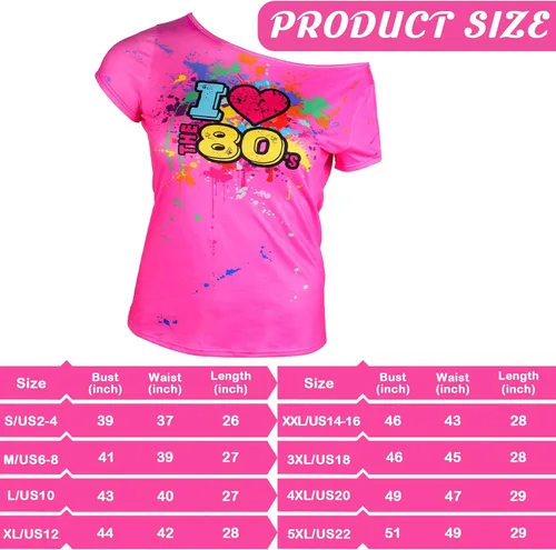 Vista 2 de Geyoga Traje de los años 80 para mujer, talla grande, disfraz de los años 80, con hombros descubiertos, camiseta de neón de gran tamaño, Rosa Rojo