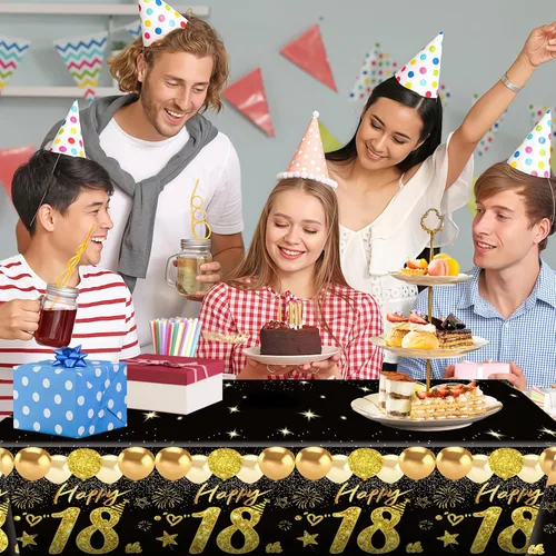 Vista 5 de Uiorgui 2 piezas mantel de cumpleaños número 18, mantel de cumpleaños número 18 negro dorado para niños y niñas, mantel de plástico rectangular