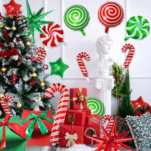 Vista 7 de 32 globos de papel de aluminio de Navidad, globos grandes de remolino de bastón de caramelo, globos de papel de aluminio de estrella y cajas