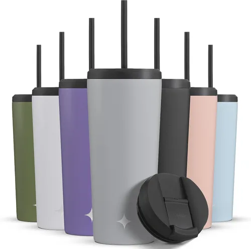 Vista 18 de JoyJolt Vaso de 20 onzas con triple aislamiento con tapa y popote (2 cada uno) de acero inoxidable de doble pared al vacío, con forro de cobre