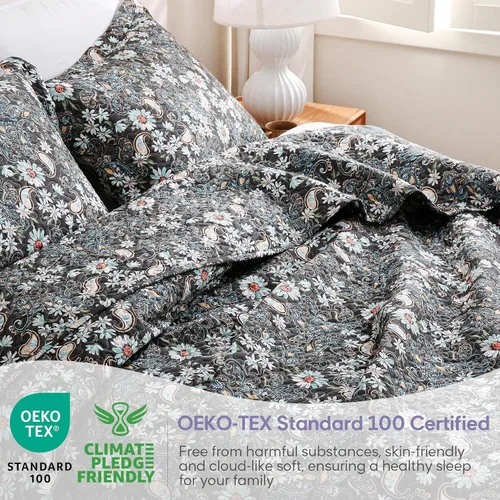Vista 5 de JSD Juego de edredón floral paisley negro, tamaño twin, 2 piezas de cubrecamas estampadas con funda de almohada, manta acolchada de microfibra suave