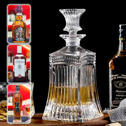 Vista 3 de Decantador de vidrio con tapón geométrico hermético, decantador de whisky para vino, bourbon, brandy, licor, jugo, agua, enjuague bucal, vidrio
